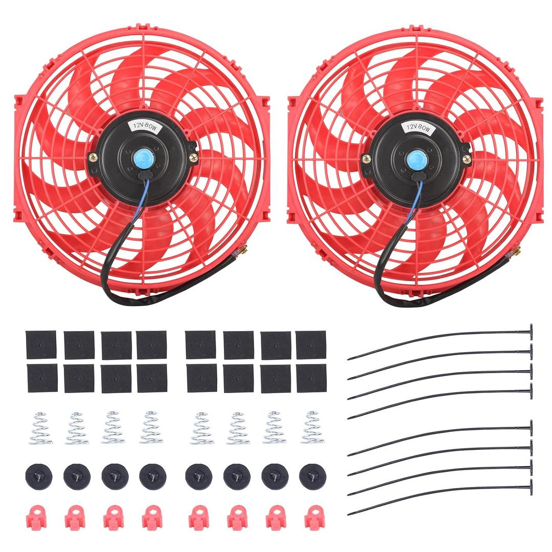 12" Electric Radiator Cooling Fan Assembly Kit, Universal High Performance 12V 80W Motor with Fan Mounting Kit - Red(2 Pack)