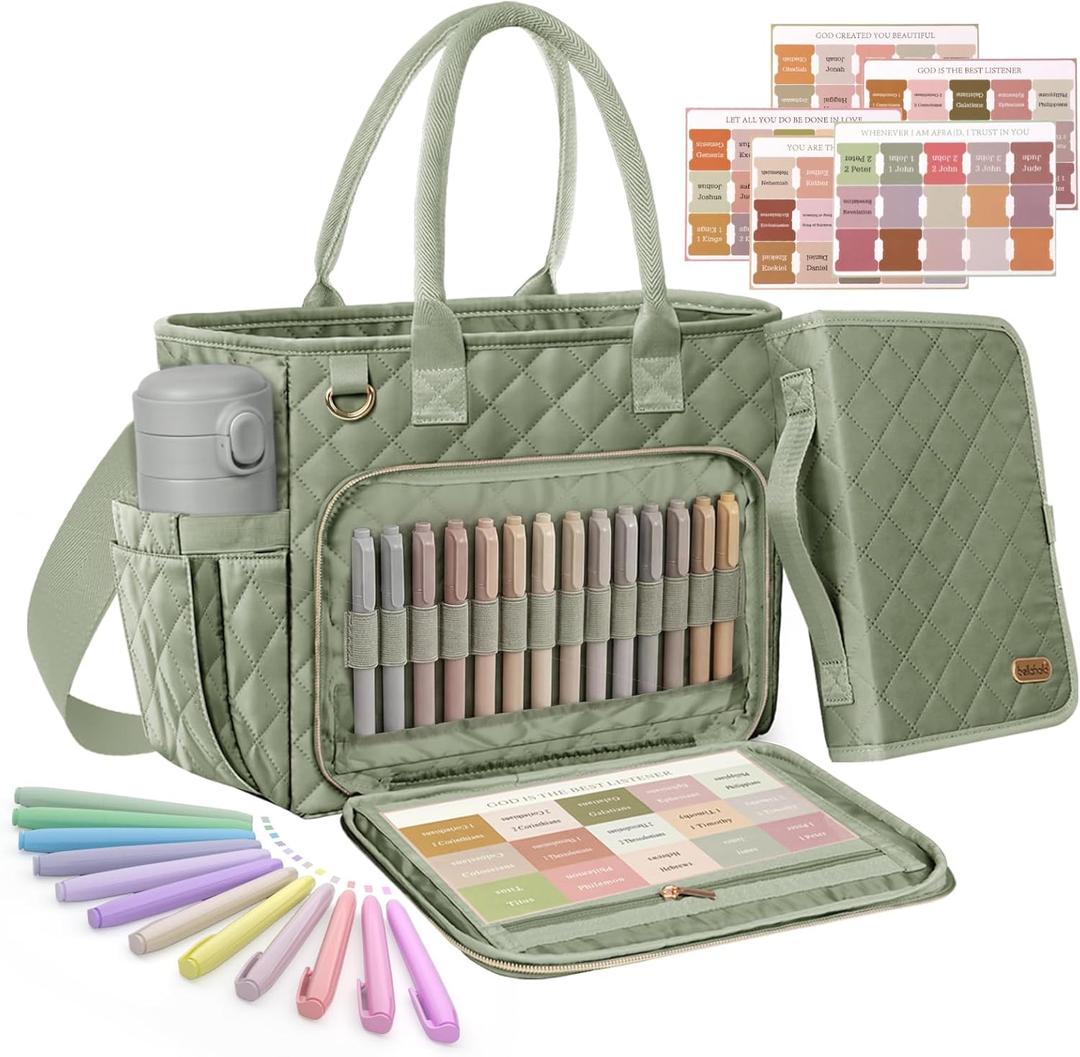 Large Bible Bag with Bible Cover Case for Women, Quilted Bible Tote Bag, 13.4"x 10.6" x 5.3"