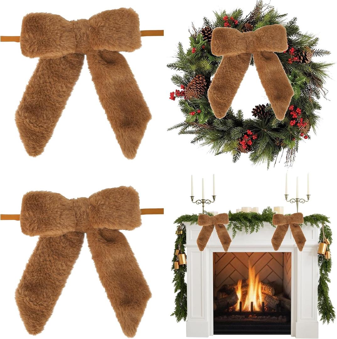 AIMUDI Brown Bows 7''9'' Christmas Bows for Gift Wrapping Faux Fur Present Bows Premade Bows for Christmas Trees Fireplaces Wreaths Staircases Crafts Home Outdoor Winter Decoration, 6 PCs