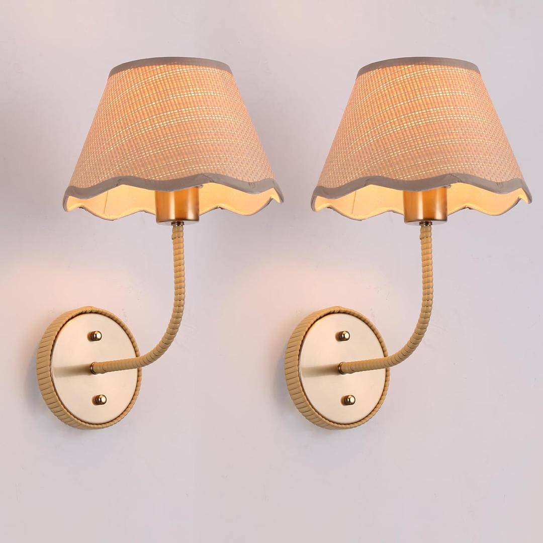 Boho Wall Sconces Set of Two Rattan Wall Lamp Rustic Brass Wall Mount Light Hardwire Wall Sconces Lighting for Bedroom Living Room Hallway Vanity Stairway, E26 Base, 2 Pack