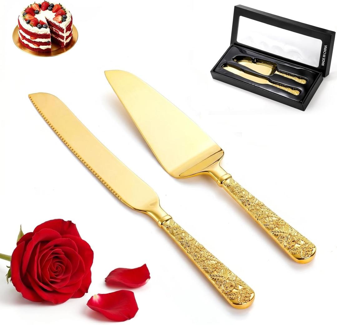 Dicunoy 2 PCS Gold Cake Knife and Server Set, Wedding Cake Cutting Utensils, Vintage Engraved Cake Cutter and Serving Spatula for Birthday,Anniversary, Vibrant Gold