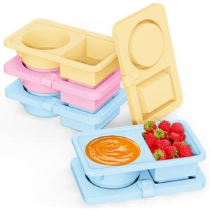 4 Pack Reusable Silicone Snack Containers with Lids, Double Compartment Snackle Containers, Salad Sauce Seasoning Container, Small Mini Kids Food Snack Boxs for Travel, Office, Picnic