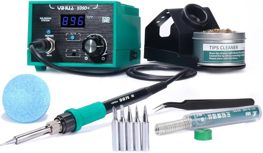 YIHUA 939D+ Digital Soldering Station, 75W Equivalent with Precision Heat Control (392F to 896F) and Built-in Transformer. ESD Safe, Lead Free with C/F display (Green)