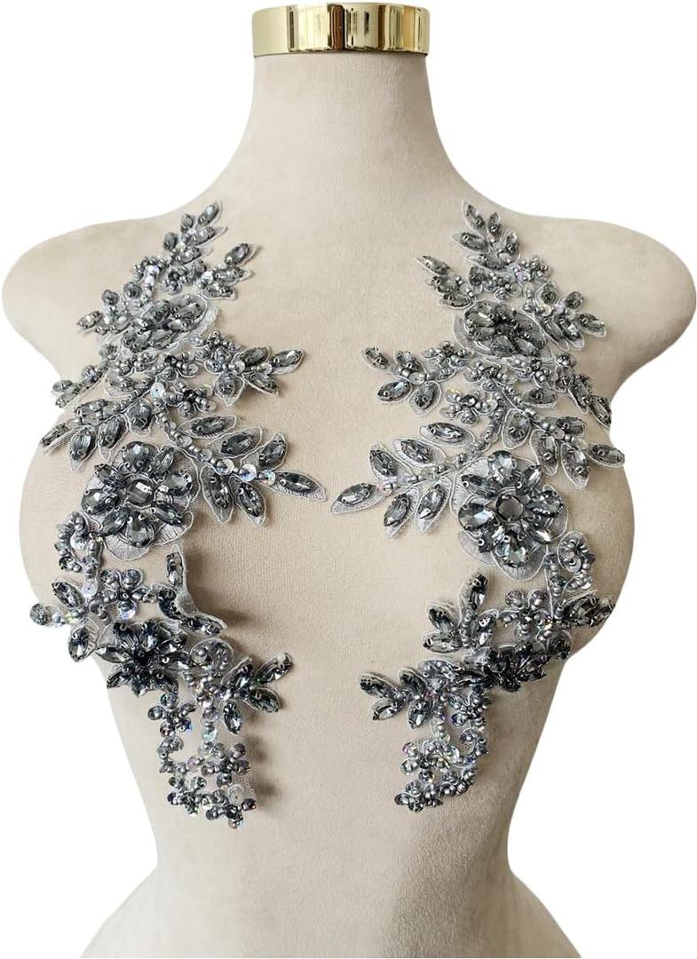 Zbroh 1 Pair Handmade red/White//Green/Blue Rhinestones Applique Sewing Beads Stones Trim lace Patches Accessory for Dress Clothes hat (Gray)