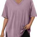 Trendy Queen Oversized Tshirts for Women Workout Plus Size Tops V Neck Short Sleeve Gym Shirts Casual Loose Fit Basic Tees (X-Large, Dark Pink)