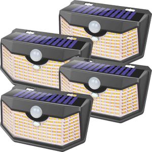 HMCITY 120 LED Outdoor Solar Lights- with Motion Sensor and 3 Lighting Modes, IP65 Waterproof Wide Solar Wall Lights Ideal for Garden Patio Yard (Front Button 4Packs, Black Shell-Warm White)