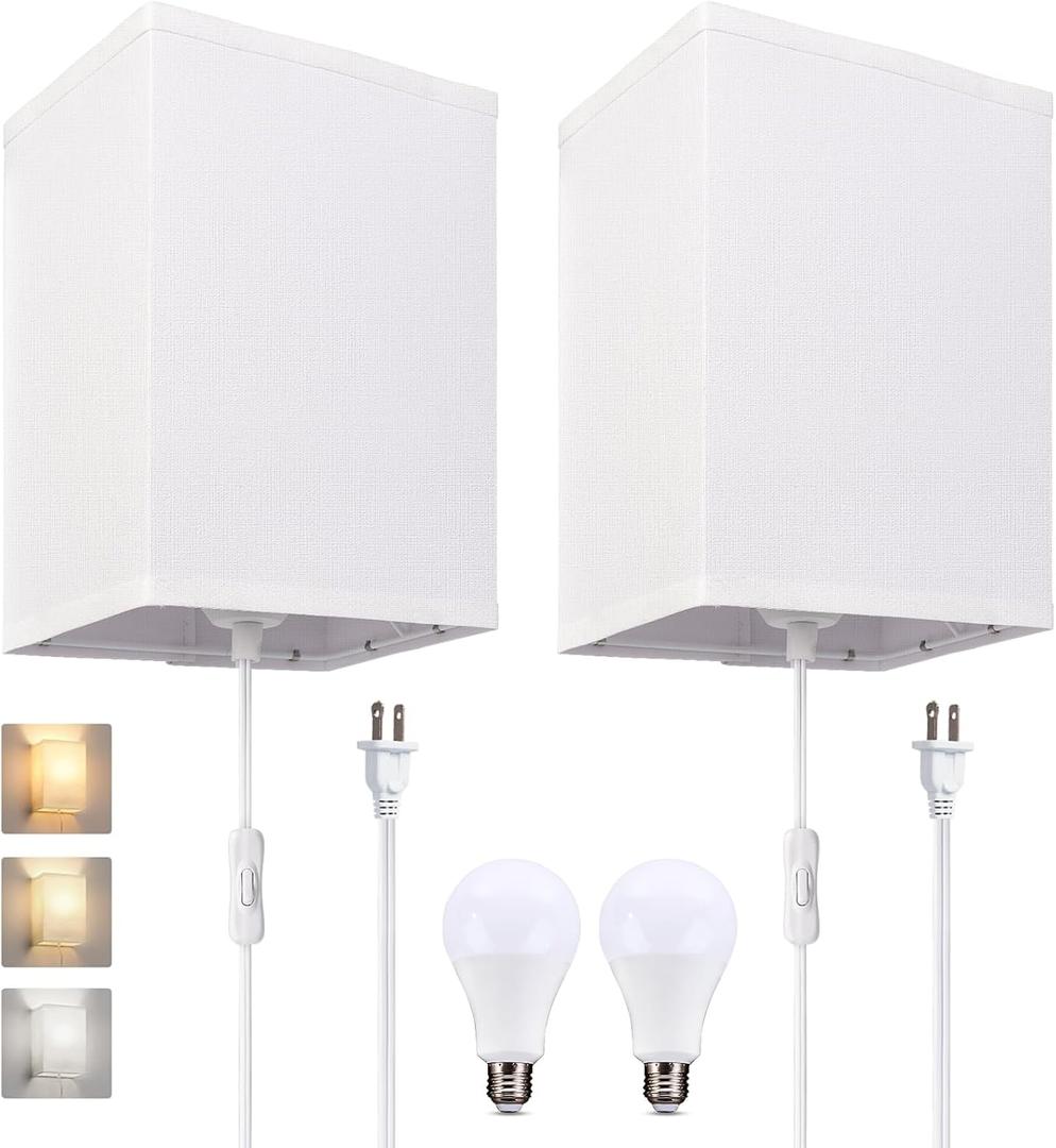 2 Pcs Adjustable Wall Sconces, 3 Color Temperatures (3000/4000/6000K), 9W LED Bulbs Included, Plug-in Industrial Lamps with Fabric Shades, On/Off Switch - Ideal for Bedroom, Living Room