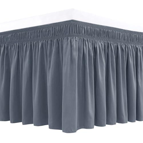 Biscaynebay Wrap Around Bed Skirts for Queen Beds 17" Long Drop, Dark Grey Adjustable Elastic Dust Ruffles Easy Fit Wrinkle & Fade Resistant Silky Luxurious Fabric Solid Machine Washable