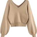 ZAFUL Women's Cropped Sweater V-Neck Long Sleeve Crop Sweater Pullover Jumper Knit Top (Beige, M)