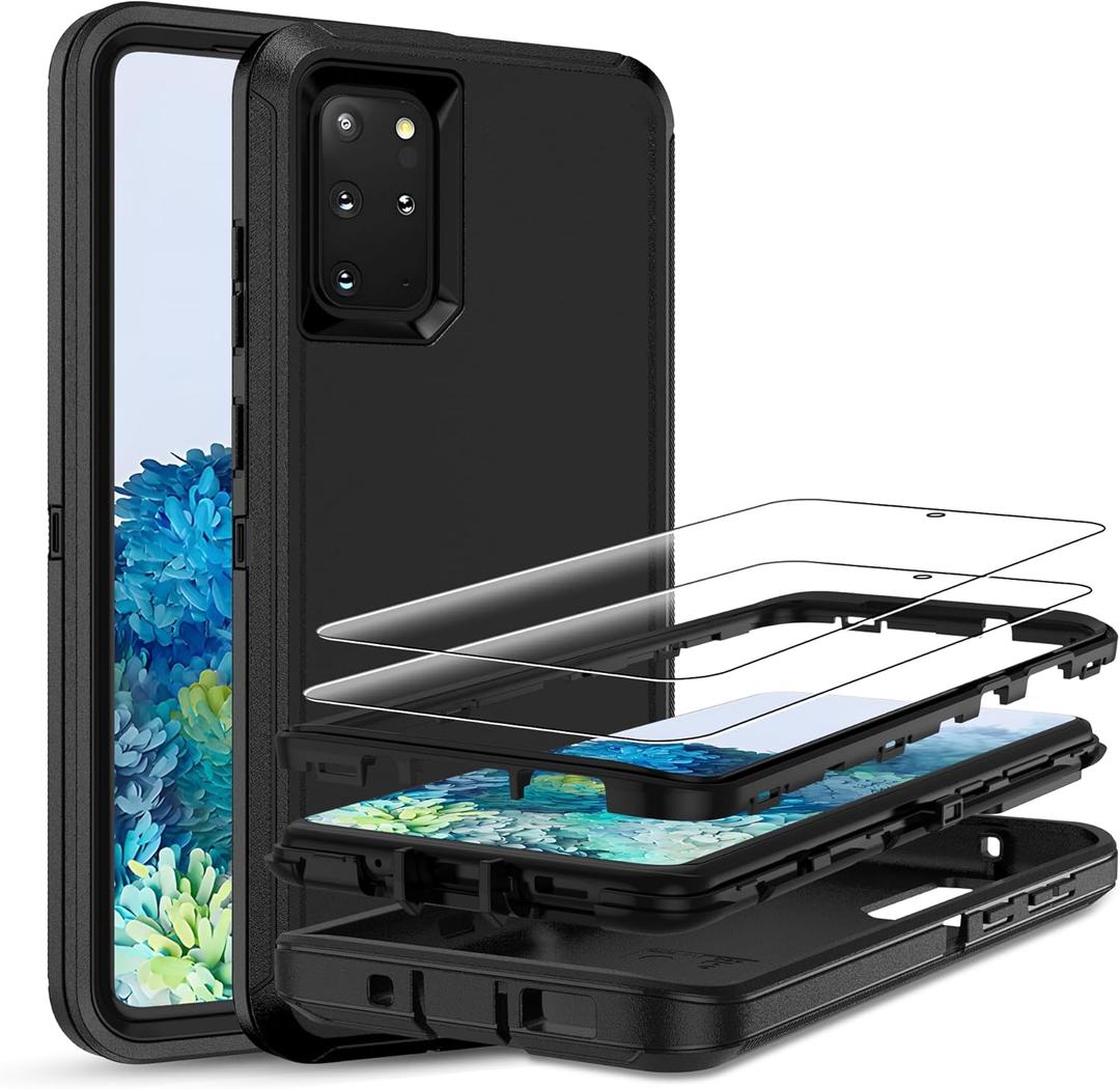 Jshru for Samsung Galaxy S20 Plus Case with [2 Pack] HD Screen Protector, [Military-Grade] Shockproof Dust/Drop Proof 3-Layer Full Body Protection Heavy Duty Case for Galaxy S20+ 5G, Black