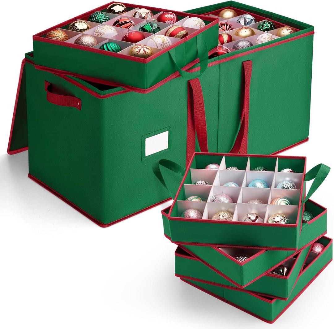 MaidMAX Christmas Ornament Storage Box Holiday Decoration Organizer, 128 Christmas Ball Accessories Holder with Adjustable Dividers, 8 Removable Trays, 600D Oxford, Zippered Closure (Green) (26" x 13" x 13")