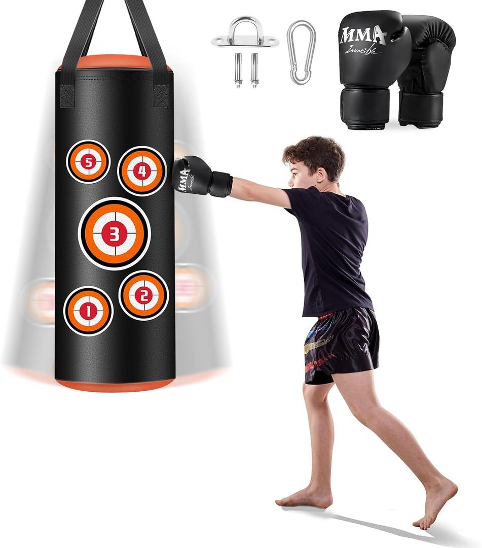 Hanging Punching Bag for Kids, 2FT PU Leather Kicking Bag with Boxing Bag Gloves, Heavy Bag Boxing Equipment for Training Karate Muay Thai Kick Taekwondo(Unfilled)