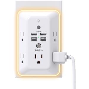 Surge Protector, Outlet Extender with Night Light, Addtam 5-Outlet Splitter and 4 USB Ports(2 USB C), USB Wall Charger Power Strip, Multi Plug Outlet for Home, Office, School, ETL Listed (White)