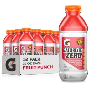 Gatorlyte Zero Rehydration Electrolyte Drink, Fruit Punch, Specialized Blend of 5 Electrolytes, Zero Sugar, No Artificial Sweeteners, No Artificial Flavors, 20 fl oz Bottles (12 Pack) (EXP 04/10/27)