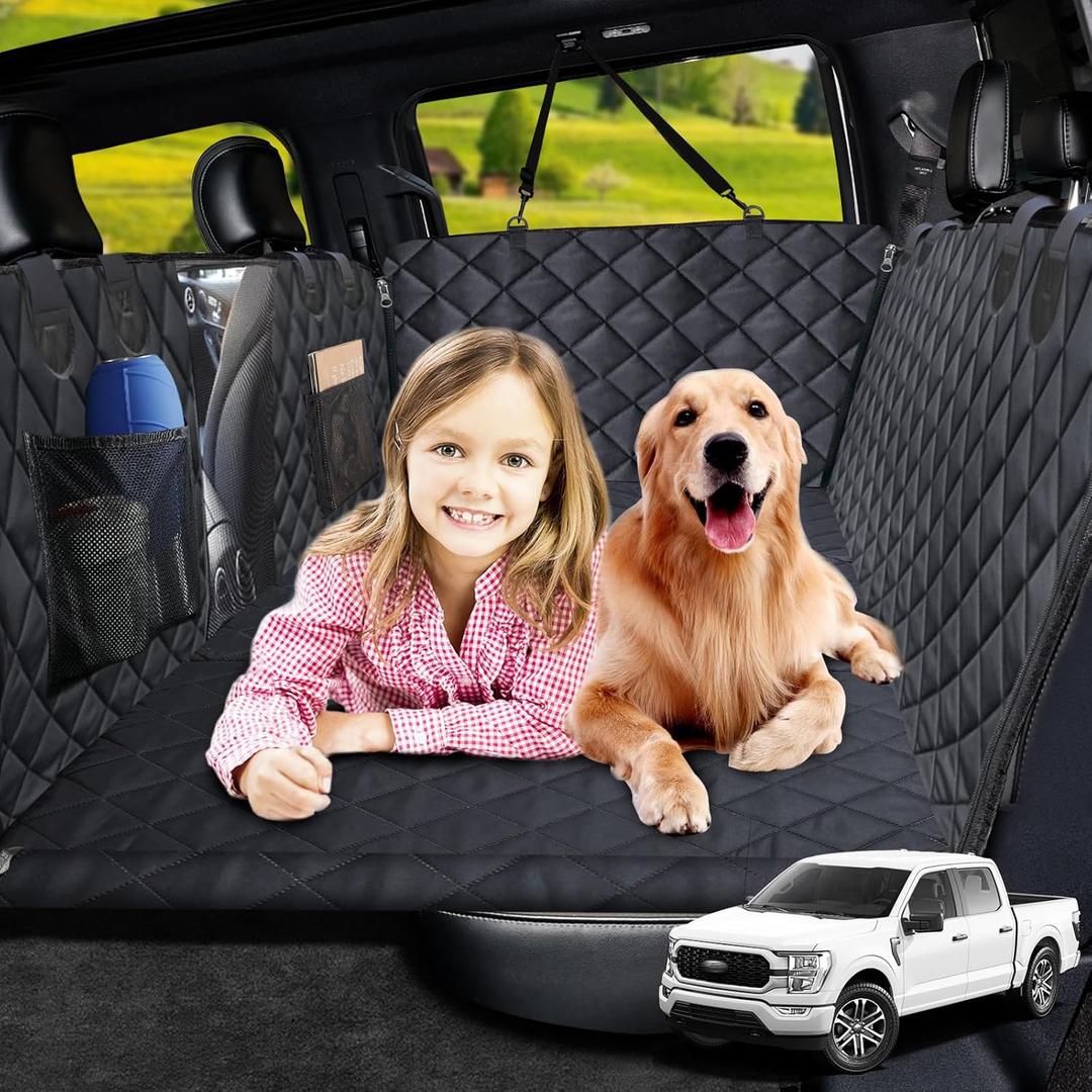 URPOWER XL Dog Back Seat Extender for Crew Cab Truck, Hard Bottom Dog Car Seat Cover Waterproof Dogs Car Hammock Pet Backseat Bed, Pet Truck Accessories for F150 / RAM 1500/ Tundra Crew Cab (Black)
