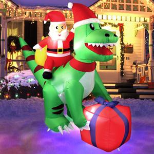 5 Ft Christmas Inflatable Dinosaur with Santa, LED Lights, Indoor Outdoor Holiday Yard Decor, Green T-Rex with Gift Box