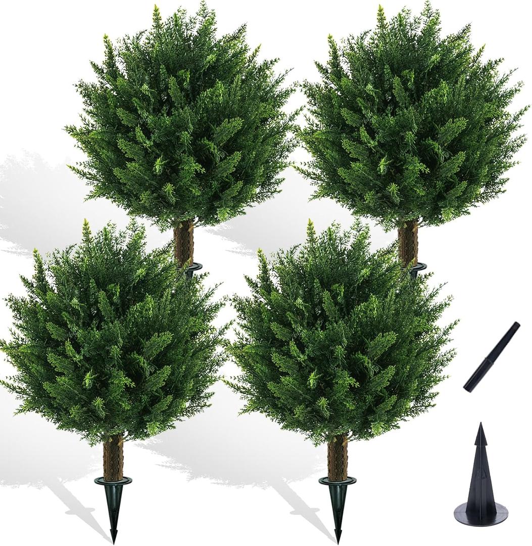 Chillchard 21" Artificial Cypress Topiary Outdoor Plants with Spike, 4 Pack Faux Cedar Bushes UV Resistant Fake Shrubs for Front Porch Dcor
