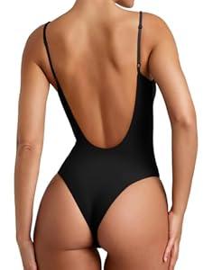 REORIA Womens Summer Sexy Open Back V Neck Spaghetti Strap Cami Double Lined Backless Trendy Thong Bodysuit Top Black Small
