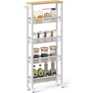 VASAGLE Slim Rolling Cart, 5-Tier Storage Cart, Narrow Cart with Handle, 5.1 Inches Deep, Metal Frame, for Kitchen, Dining Room, Living Room, Home Office, Oak Beige and Classic White ULRC034W09
