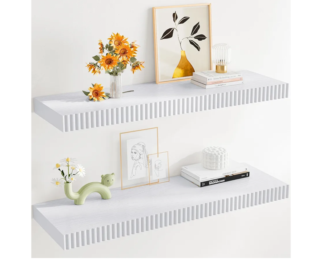 24" Floating Shelves for Wall, Wall Mounted Wood Shelves for Bathroom, Bedroom, Living Room, Kitchen, Hanging Shelf with Invisible Brackets for Storage,Books,Home Decor (White,Set of 2)