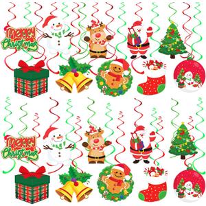 30PCS Christmas Hanging Swirls Decorations Santa Elk Merry Christmas Foil Swirl Hanging Ceiling Decorations Red Green Double Sided Christmas Hanging Decoration Streamers Xmas Holiday Party Supplies