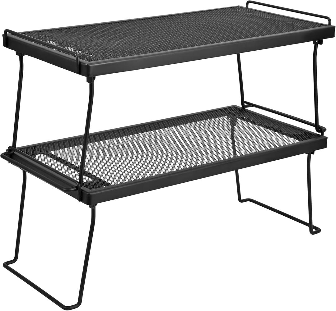 IBERG Stackable Cabinet Shelf Organizer, Set of 2 Metal Pantry Shelves for Kitchen Counter, Expand Cabinet Storage, Foldable Mesh Rack for Pantry, Bathroom & Closet (Black)