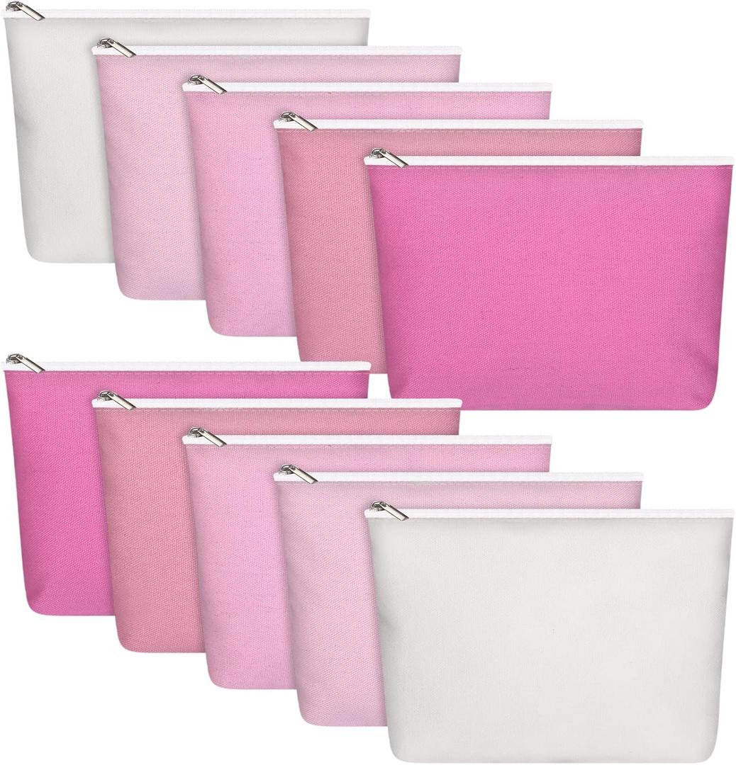 Reginary Pack of 10 Canvas Makeup Bags Bulk for Women Blank DIY Craft Pencil Pouch Travel Toiletry Cosmetics Bags for Bridal Shower, Wedding Gift, Breast Cancer Awareness Supplies (Pink)
