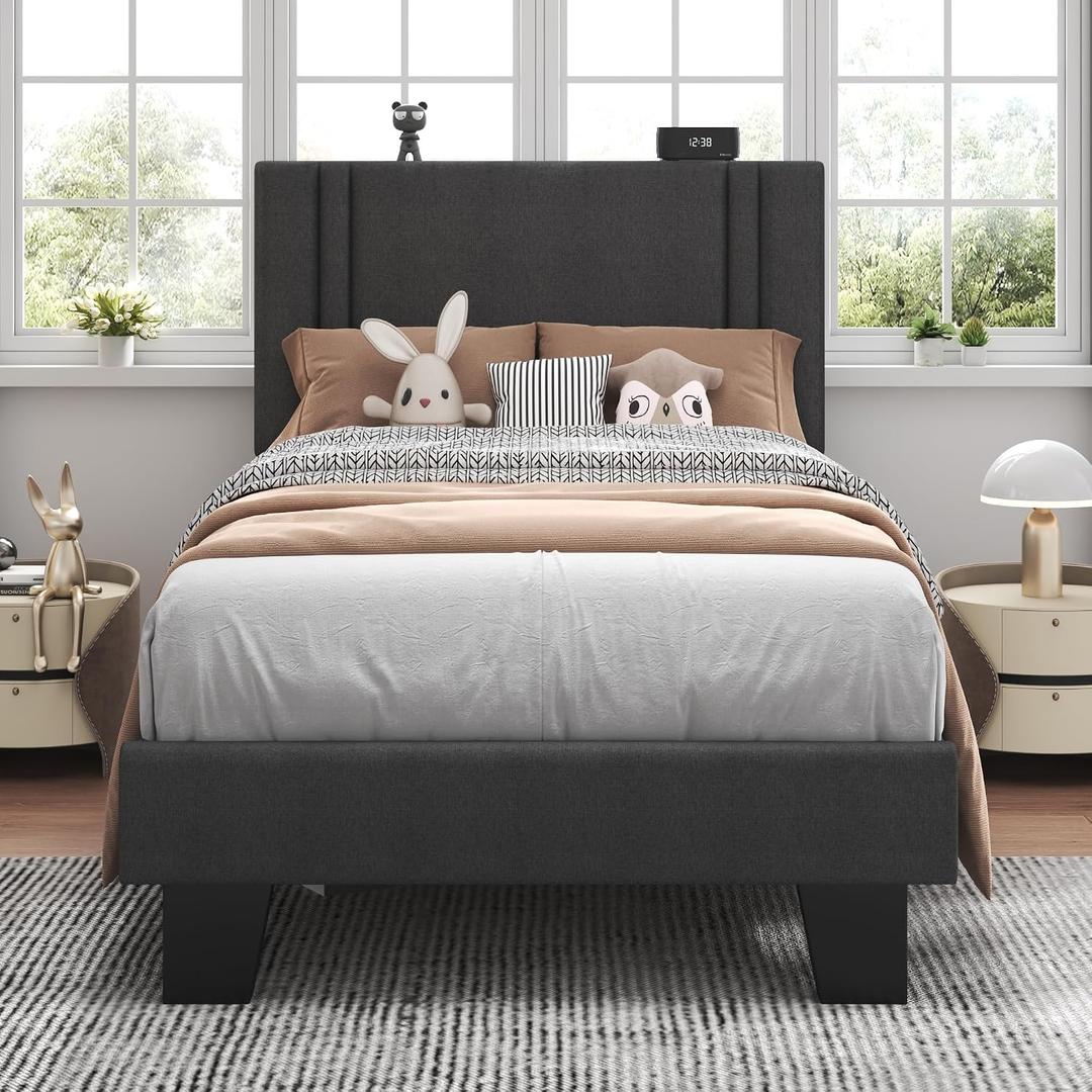 Feonase Twin Platform Bed Frame, Fabric Upholstered Twin Bed Frame, Solid Wood Slats & Heavy Duty Feet Support, No Box Spring Needed, Noise-Free, Easy Assembly, Dark Grey