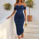 Scarlett Women's Off the Shoulder Faux-Corset Ruched Midi Dress (Blue, S)