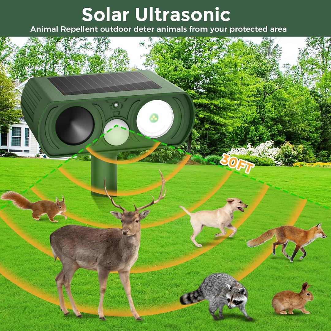  Solar Ultrasonic Animal Repellent Outdoor, Deer Repellent Devices Squirrel Cat Raccoon Rabbit Dog Deterrent, Keep Rodent Chipmunk Away Motion Detection with Flash Light for Yard Garden Lawn