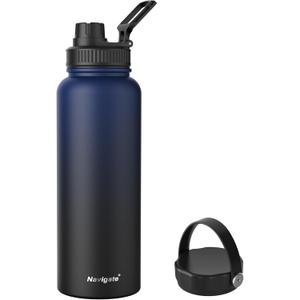Navigate 40 oz Insulated Stainless Steel Sports Water Bottle with Spout & Handle Lids,Wide Mouth Water Jug with Double Walled Leak Proof Keep Cold for 24 Hrs Hot for 12 Hrs, Blue to Black
