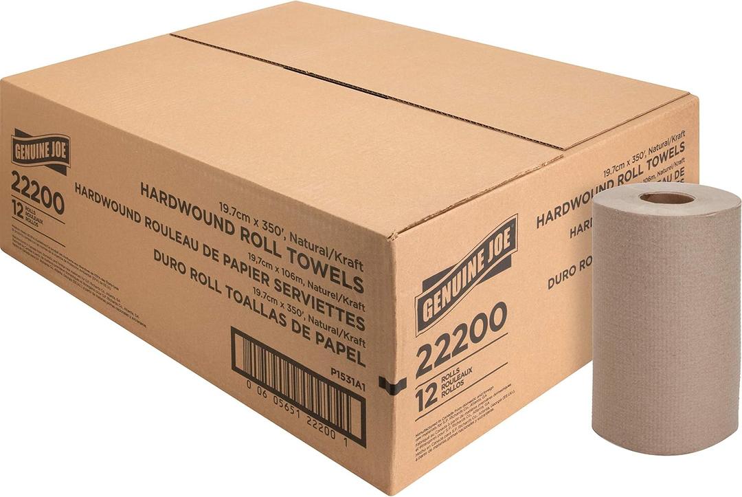 Genuine Joe Hardwound Roll Towels, Kraft, 7.9" x 350', 12 Count