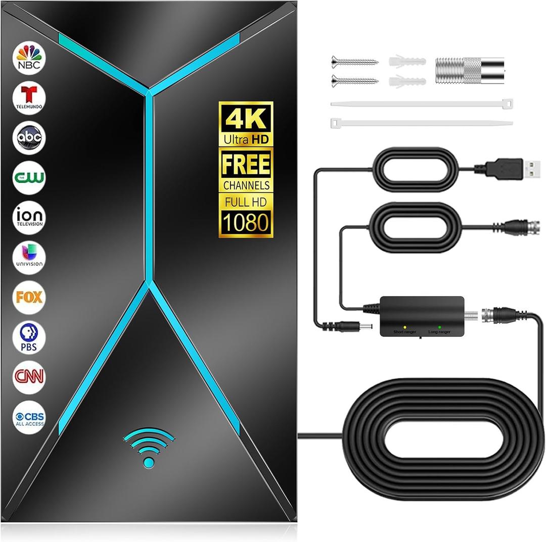 2026 Upgraded TV Antenna Indoor Outdoor, 2200+ Miles Long Range HDTV Antenna with Amplifier Signal Booster, 26FT Coaxial Cable for Local Channels 4K 8K 1080p,Digital Reception for Smart & Older TVs (Compact, Black)