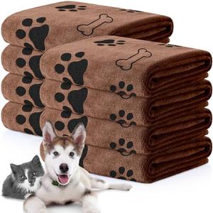 Chumia 8 Pcs Dog Towels for Drying Dogs Cats Pet Towels Bulk Puppy Microfiber Fast Drying Paw Bath Bathing Supplies Absorbent for Medium Pets(40 x 24 Inch,Dog Paw and Bone,Coffee)