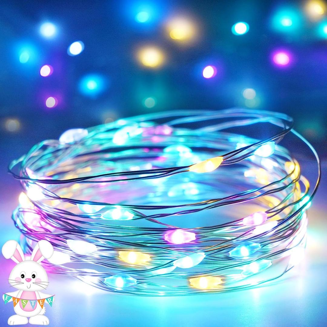 4-Pack Easter Lights Battery Operated, Pastel Fairy Lights with Timer, Waterproof 16FT 50LED Christmas String Light Indoor Outdoor for Easter Home Bedroom Christmas Centerpiece Decoration (Multicolor) (Easter-4 pack 50 LED, Multicolor-Easter)