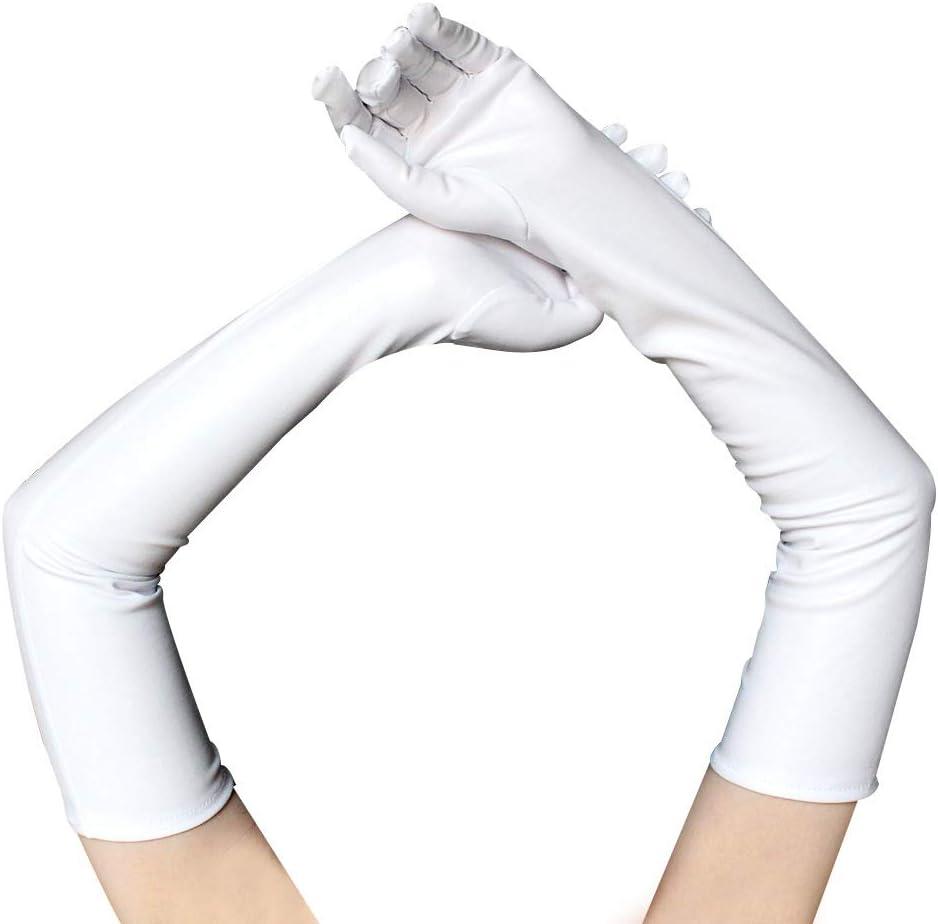 QTECLOR 21Women Long Gloves Stretchy Elbow Leather Glove for Evening Party Opera Costume (White)