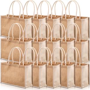 Reginary 16 Pcs Jute Tote Gift Bags Natural Burlap Grocery Shopping Bag Beach Tote with Handle for Bridesmaid Wedding Travel (Beige Trim)