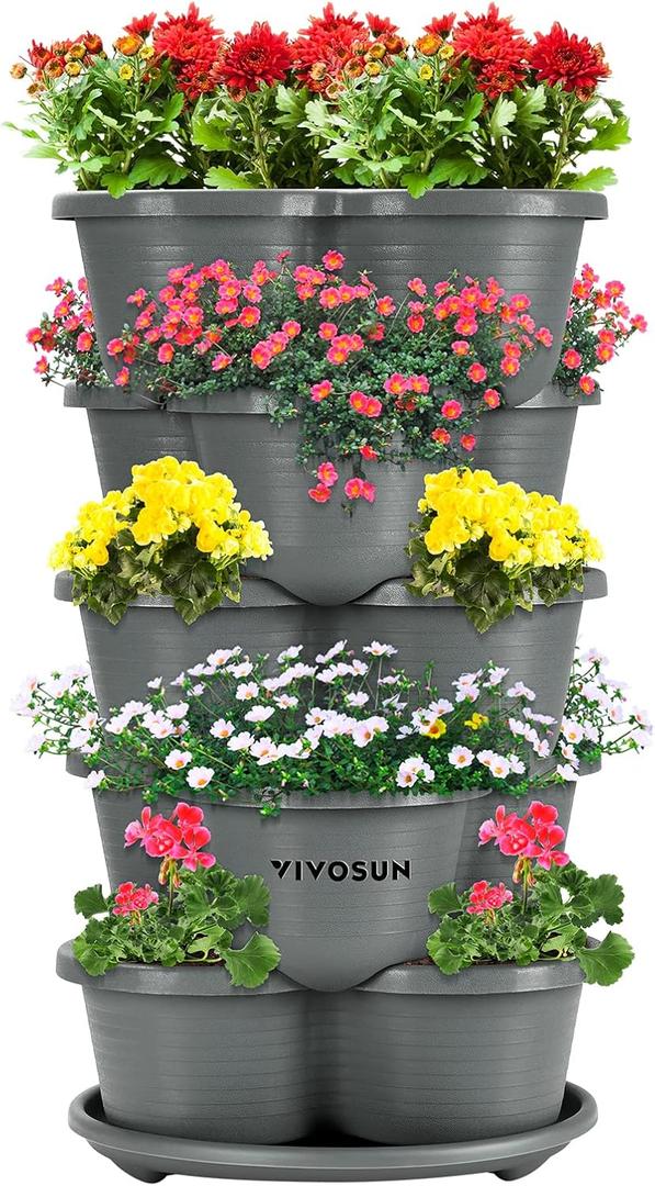 VIVOSUN 5 Tier Vertical Gardening Stackable Planter for Strawberries, Flowers, Herbs, Vegetables, Grey (1 Pack, Gray)