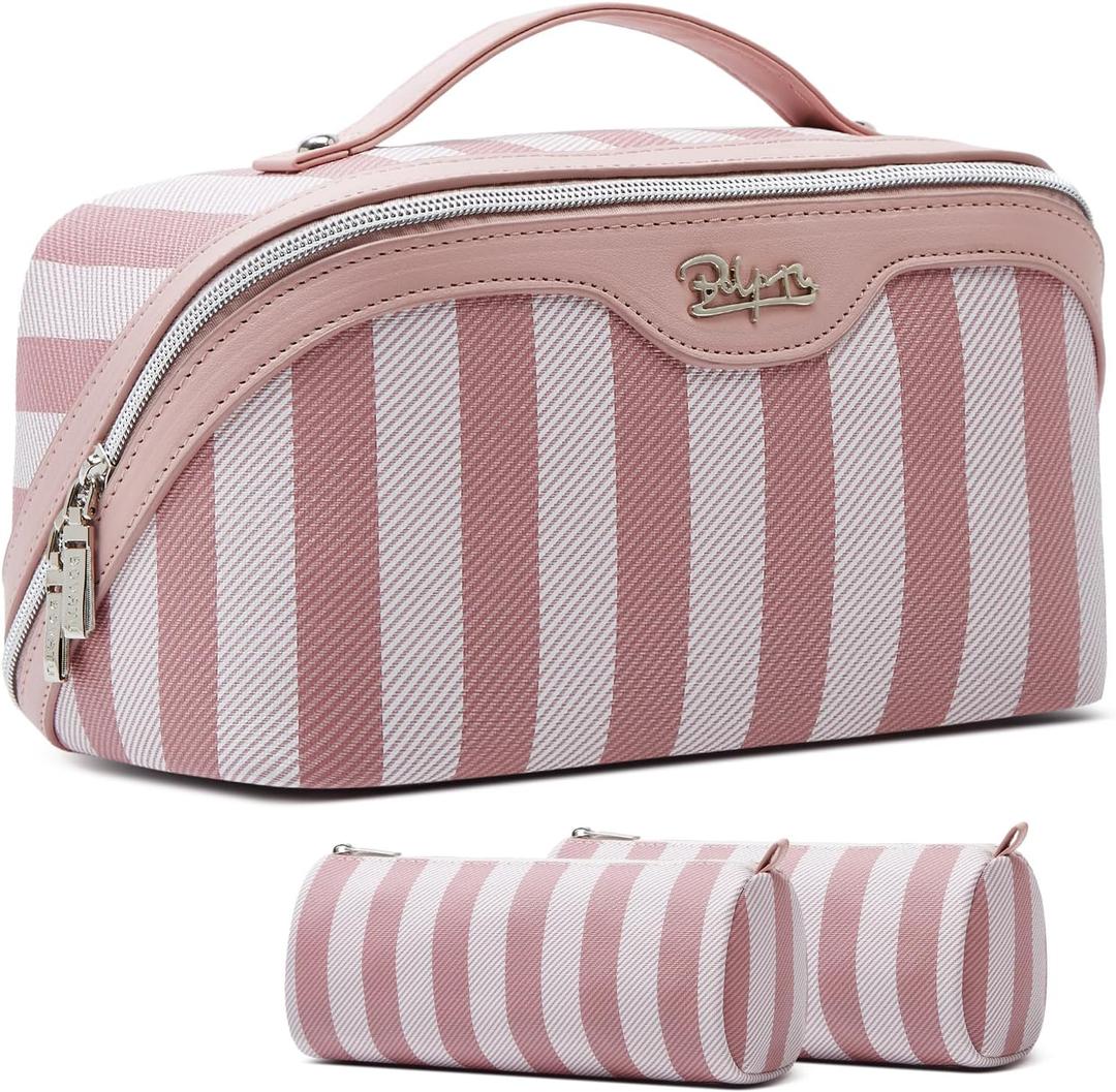 BOYATU Travel Makeup Bag for Women: Large Cosmetic Bag Set of 3 - PU Leather Make up Bag with Compartments - Compact Waterproof Toiletry Bag with Divider & Handle (B-1-Pink)