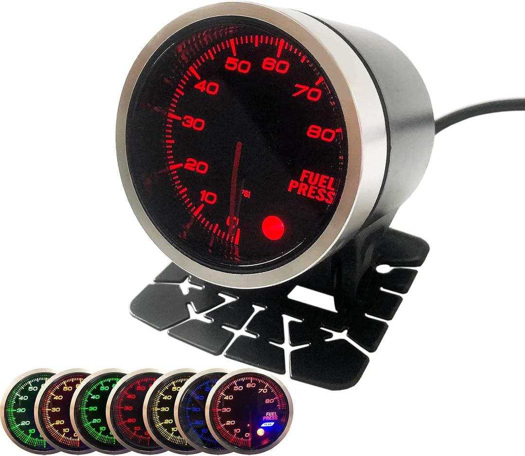 52mm 2-1/16" Fuel Pressure Gauge 7 Color 0-80 PSI Meter with Press Alarm Includes Electronic Sensor and Stepper Motor - Black Dial - Smoked Lens