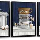 Nachic Wall Kitchen Wall Art Set of 3 Home Sweet Home Coffee Cups Picture Painting Farmhouse Navy Blue and Brown Decor (Blue)