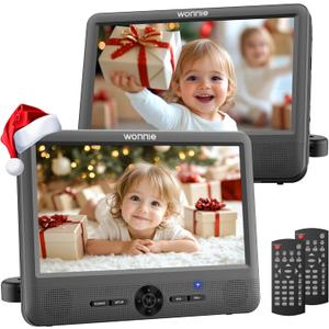WONNIE 10" Car DVD Players, Portable DVD Player Dual Screen Play Two Different or The Same Movie with Headrest Mounts, 5 Hours Rechargeable Battery, 2 AC Adapters, All Regions, Support USB/SD/Sync TV