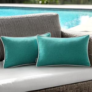 ANRODUO Set of 2 Outdoor Waterproof Pillow Covers 12x20 Inch Turquoise Decorative Throw Pillow Covers Linen Lumbar Solid Color Couch Pillow Covers for Patio Tent Bed Sofa and Living Room Decor