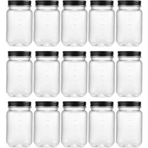 novelinks 16 oz Clear Plastic Jars with Lids, Refillable 16oz Mason Jars with Lids & Storage Containers for Kitchen & Household Use (15 Pack,Black)