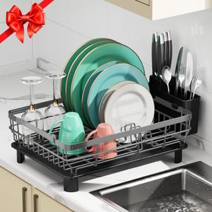 MOUKABAL Dish Drying Rack, Dish Rack, Large Dish Racks for Kitchen Counter, Drying Rack Kitchen with Removable Utensil Holder, Drainboard (Grey/Gray)
