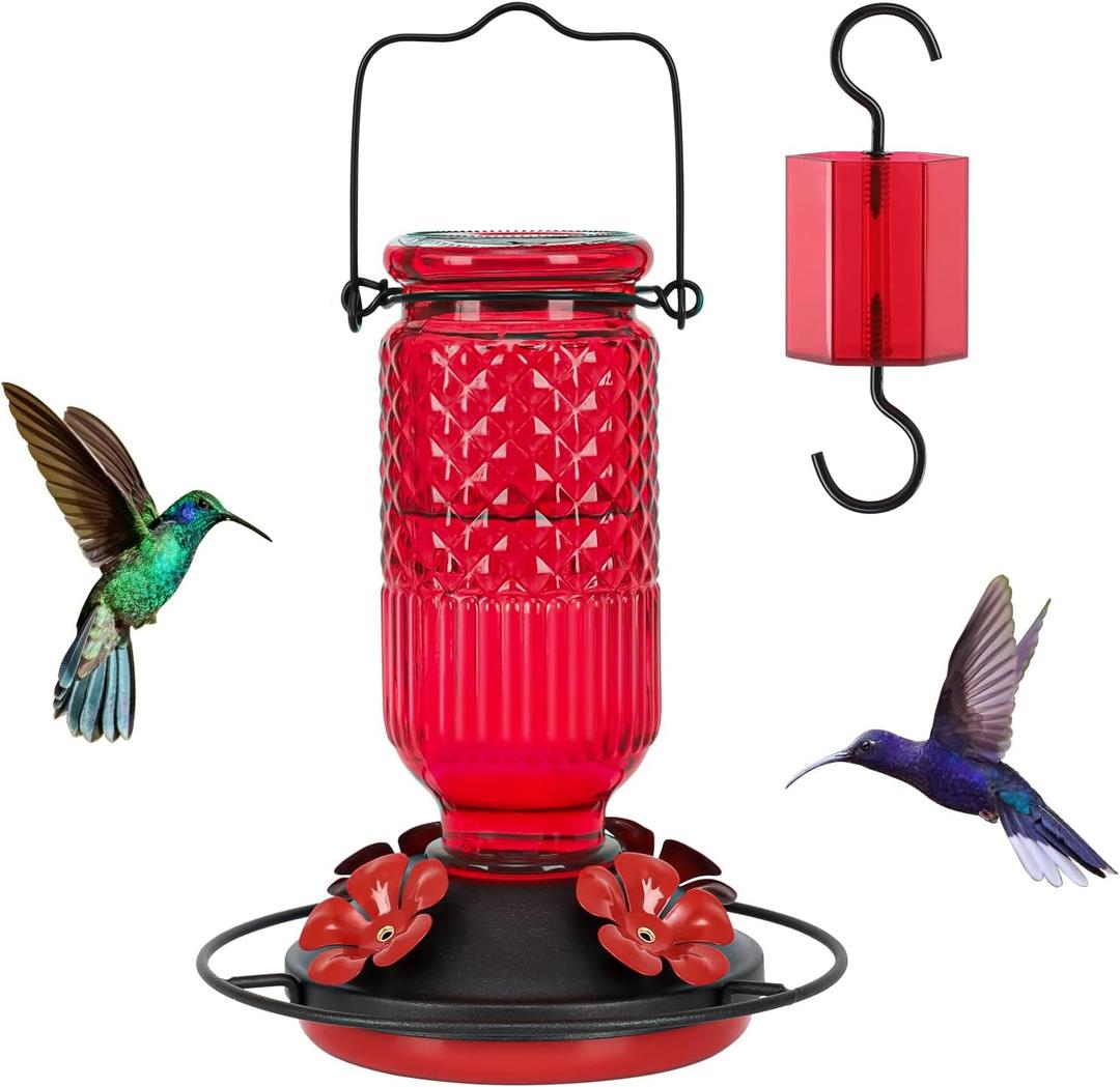 FEED GARDEN Glass Hummingbird Feeder for Outdoors Hanging, 16 OZ Humming Bird Feeders with 4 Bee Guard Feeding Ports & Built-in Ant Moat, Hummingbird Gifts for Mom Bird Feeder for Outside, Red