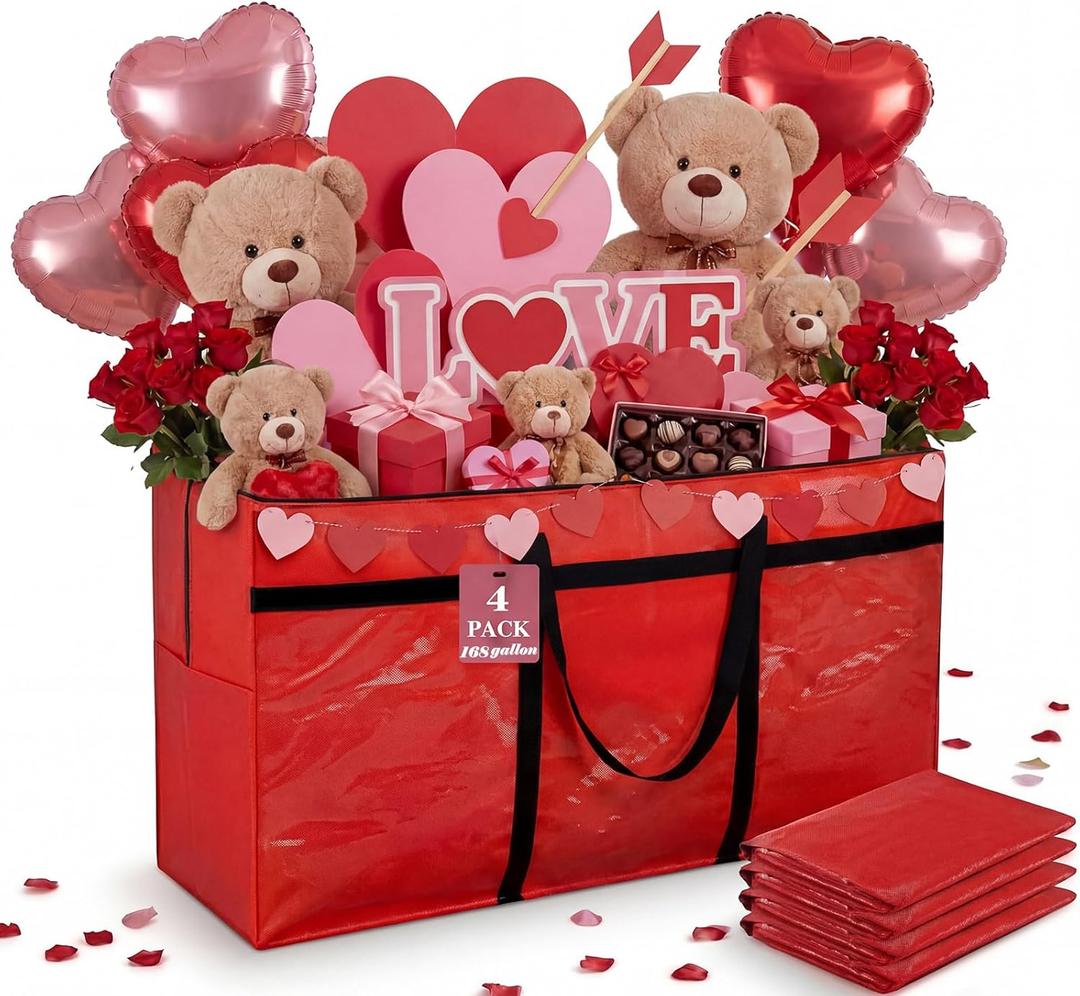 Windyun 4 Pack 168 Gallon Extra Large Storage Bags XXL Moving Bags with Zipper Handles Heavy Duty Jumbo Big Tote Box for Christmas Tree Storage 4, 5, 7.5, 9, 10, 12 ft Skeleton College Dorm(Red)