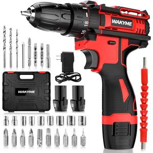 Cordless Drill Set 2 Batteries, WAKYME 12.6V Power Drill 30NM 18+1 Clutch, 3/8" Keyless Chuck, Variable Speed Built-in LED Electric Driver Drill for Drilling Wall, Bricks, Wood, Metal etc 