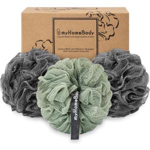 myHomeBody Large 70g Loofah Sponge, Bath Body Scrubber for Women, Men, Exfoliating Shower Pouf with Activated Charcoal - 2 Graphite Gray + 1 Sage Green, 3 Pack