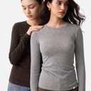 Women's Merino Wool Blend Shirts Long Sleeve Tops Crew Neck Fitted Basic Tee Cozy Embrace Collection (Gray, M)